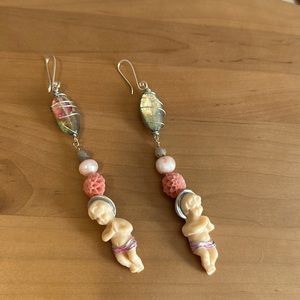 Baby Jesus Pink Carnation Pearl Labradorite Long Earrings New Silver Wire Wrap